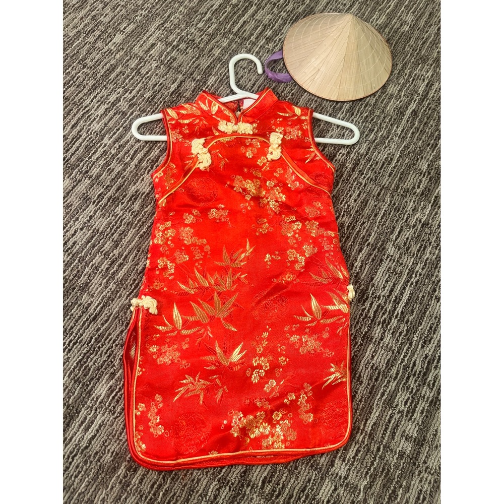Kids Red Gold Silk Vietnamese Ao Dai Brocade Dress with Conical Hat Size 2